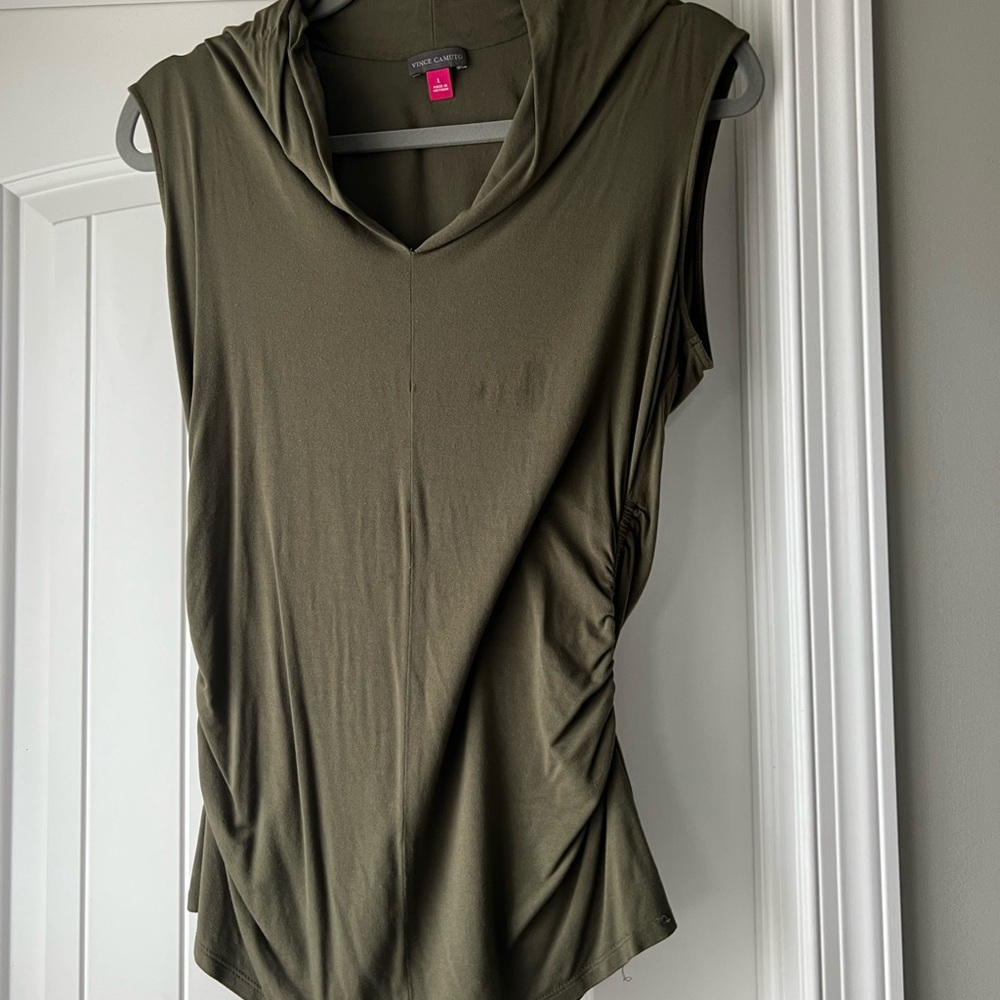 Vince Camuto Olive Green V Neck Rouched Tank Top